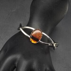Vintage Faux Amber Clamper Bangle Bracelet Silver Tone